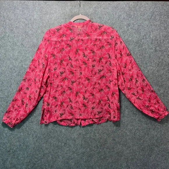 Sigrid Olsen Pink Silk Floral Sheer Ruffle Front Button Down Shirt Blouse Size L - Picture 5 of 7